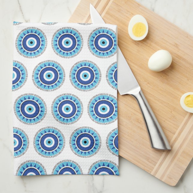 Greek Evil Eye Blue White Tea Towel (Quarter Fold)