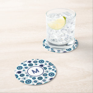 Greek Evil Eye Coastal Blue White  Round Paper Coaster