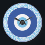 Greek Evil Eye In Greek Key Large Clock<br><div class="desc">An illustration of a Greek evil eye inside a Greek key.</div>