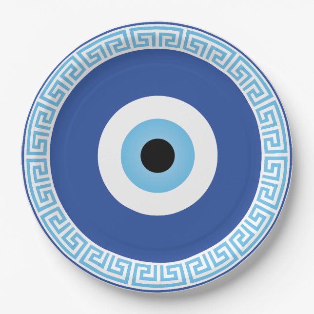 Greek Evil Eye In Greek Key Paper Plate (Front)