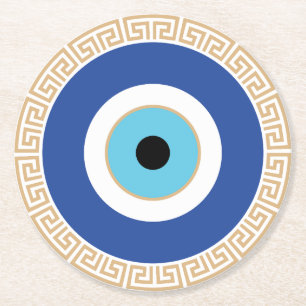 Greek Evil Eye In Greek Key Round Paper Coaster