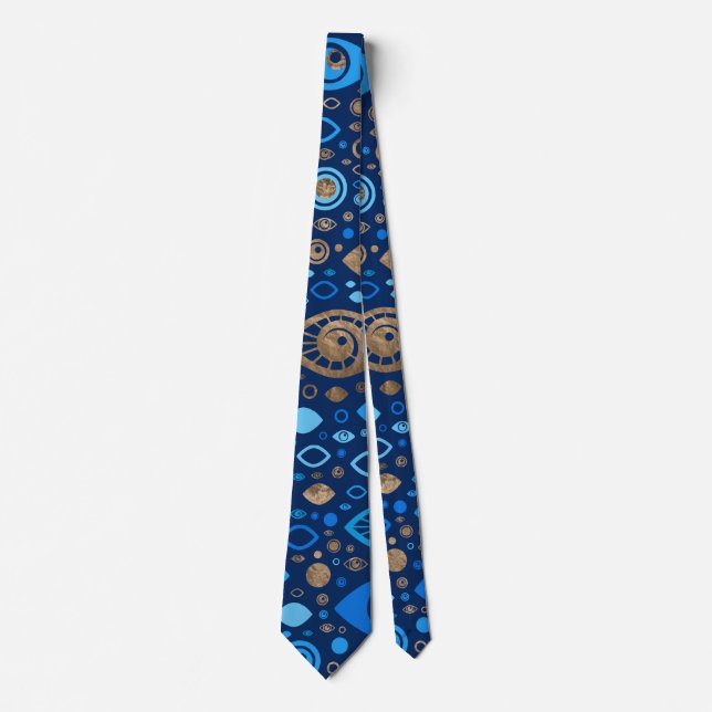 Greek Evil Eye pattern Blues and Gold Tie (Front)