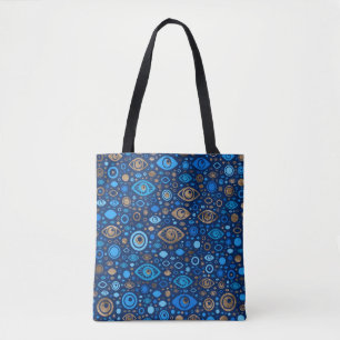 Greek Evil Eye pattern Blues and Gold Tote Bag
