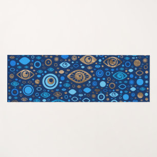 Greek Evil Eye pattern Blues and Gold Yoga Mat