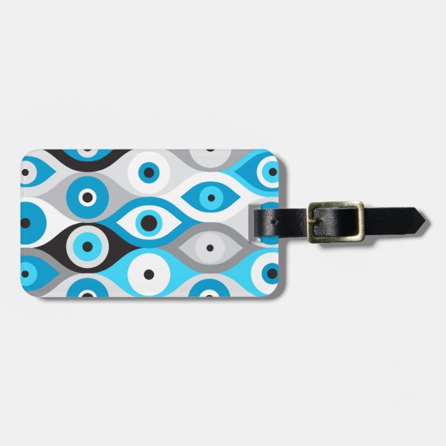 Greek Evil Eye pattern Blues and Greys Luggage Tag (Front Horizontal)