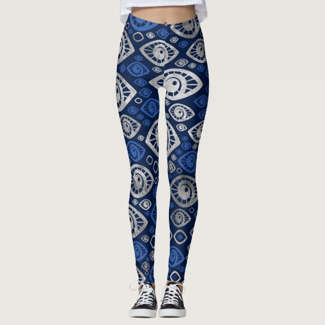 Greek Evil Eye pattern Blues and Silver #1 Leggings (Front)