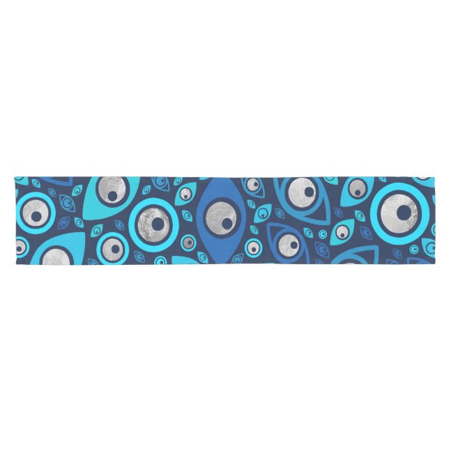 Greek Evil Eye pattern Blues and Silver #2 Short Table Runner (Horizontal)