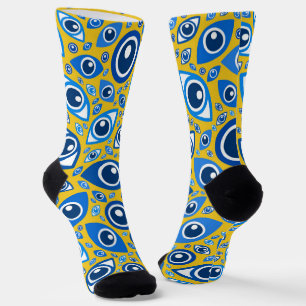 Greek Evil Eye pattern Blues on Yellow Socks