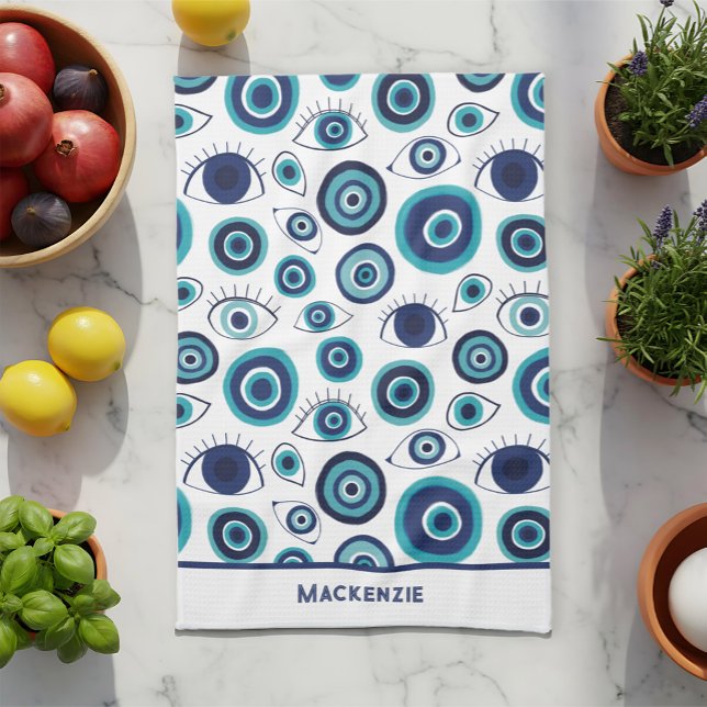 Greek Evil Eye Pattern Custom Blue White  Tea Towel (Creator Uploaded)