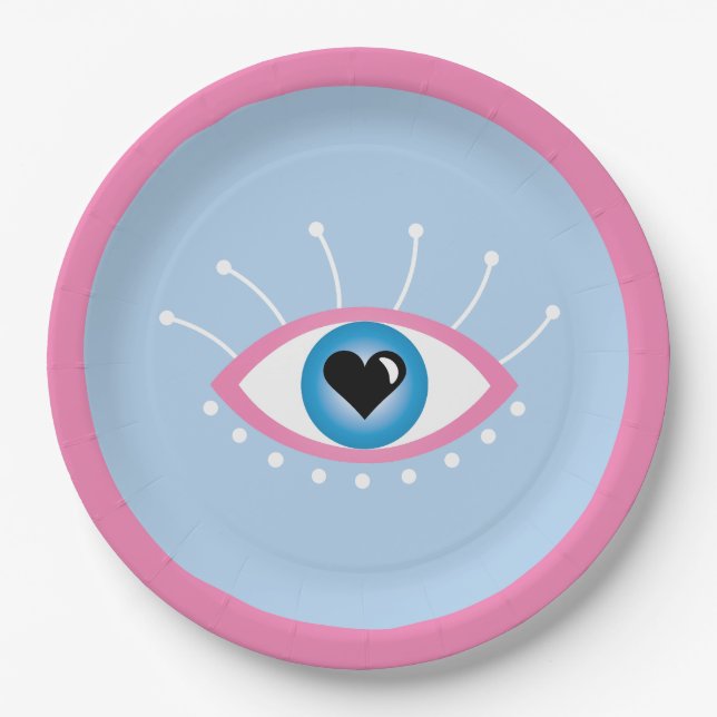 Greek Evil Eye With Eyelashes Pink Blue  Paper Plate (Front)