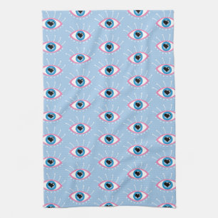 Greek Evil Eye With Eyelashes Pink Blue  Tea Towel