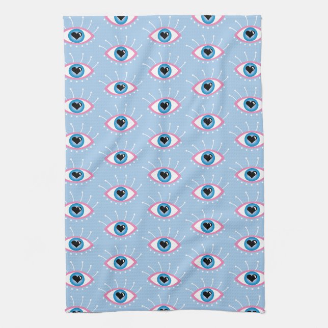 Greek Evil Eye With Eyelashes Pink Blue  Tea Towel (Vertical)