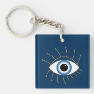 Greek Evil Eye With Lashes Blue White Gold Key Ring