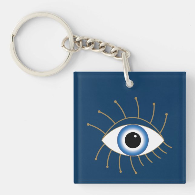 Greek Evil Eye With Lashes Blue White Gold Key Ring (Front)