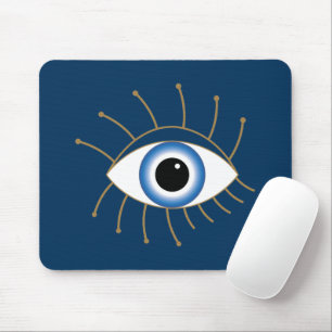 Greek Evil Eye With Lashes Blue White Gold Mouse Mat