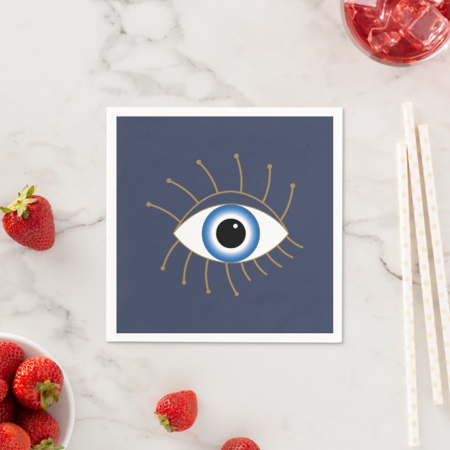 Greek Evil Eye With Lashes Blue White Gold Napkin (Insitu)
