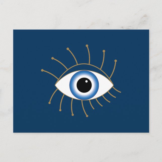 Greek Evil Eye With Lashes Blue White Gold Postcard (Front)