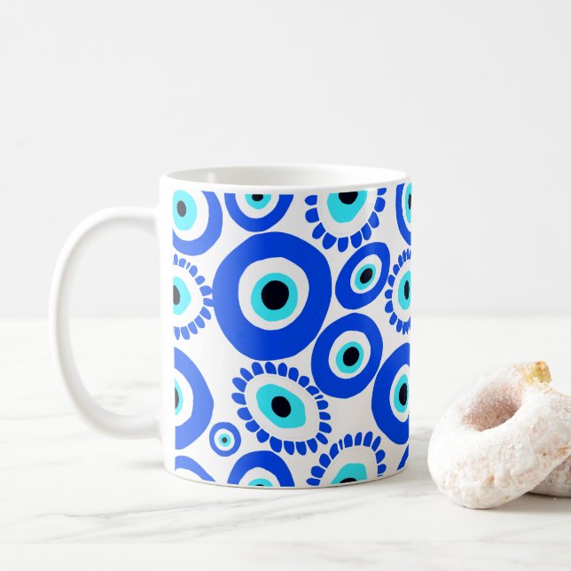 Greek Eye Symbol Blue and White Pattern Coffee Mug (With Donut)