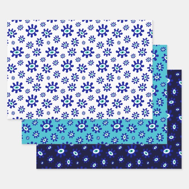 Greek Eye Symbol Blue and White Pattern Wrapping Paper Sheet (Set)