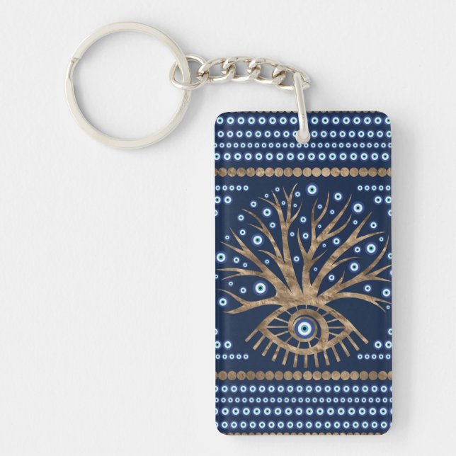 Greek Eye Tree - Mati Mataki gold and dark blue Key Ring (Front)