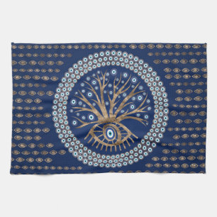 Greek Eye Tree - Mati Mataki - Matiasma on blue Tea Towel