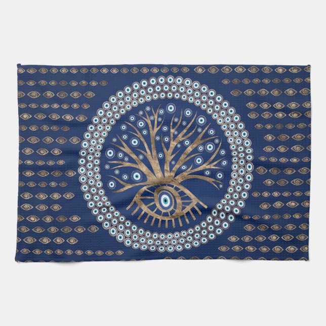 Greek Eye Tree - Mati Mataki - Matiasma on blue Tea Towel (Horizontal)