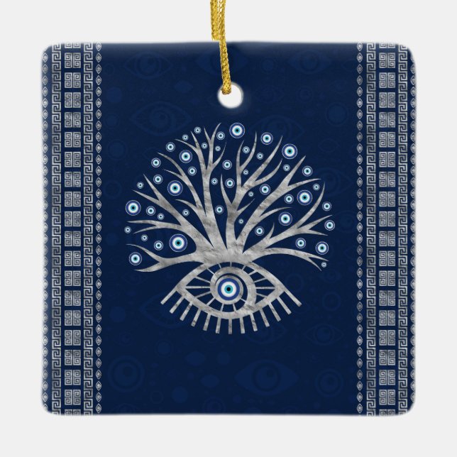 Greek Eye Tree - Mati Mataki - Matiasma Silver Ceramic Ornament (Front)