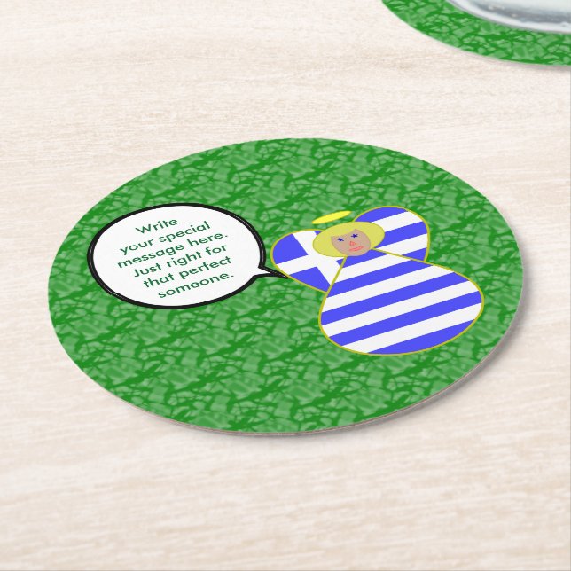 Greek Flag Angel Talking Blonde Personalised  Round Paper Coaster (Angled)