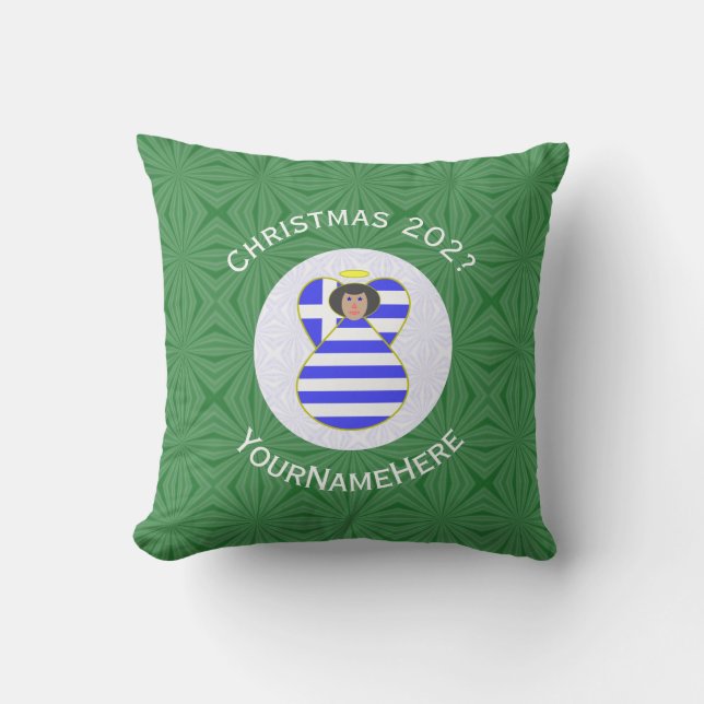 Greek Flag Black Hair Angel Christmas Personalise Cushion (Front)