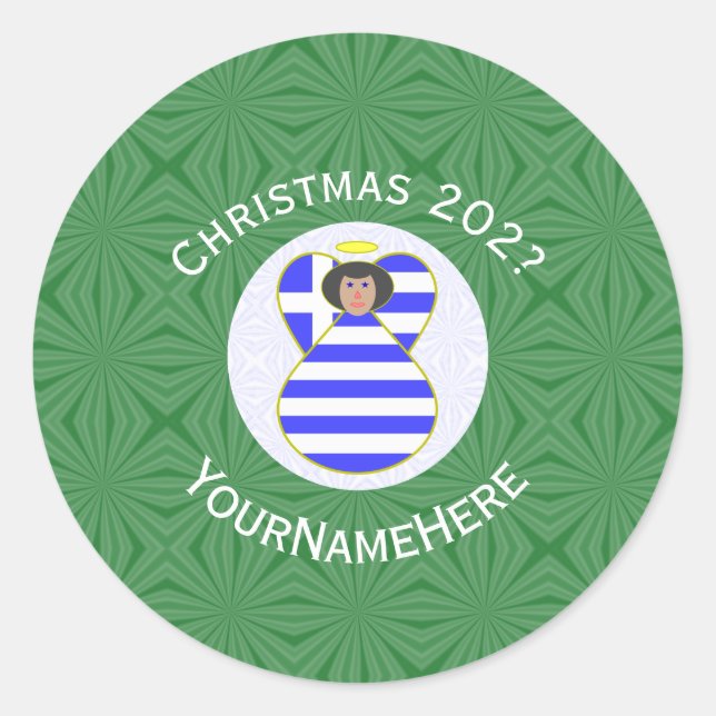 Greek Flag Black Hair Angel Christmas Personalised Classic Round Sticker (Front)