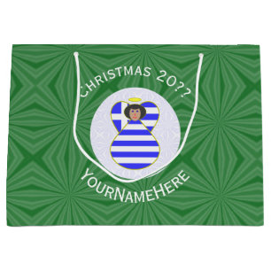 Greek Flag Black Hair Christmas Angel Personalised Large Gift Bag