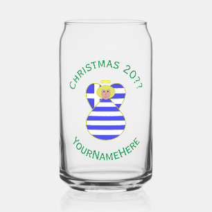 Greek Flag Blonde Hair Christmas Angel Personalise Can Glass