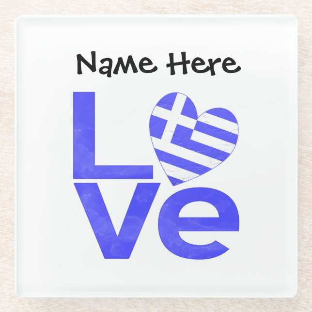 Greek Flag Heart Blue LOVE with Your Name Glass Coaster (Front)
