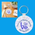 Greek Flag Heart in Blue LOVE Key Ring<br><div class="desc">Metal keychain features the blue and white Flag of Greece in a heart shape making the O in the blue lettered word LOVE. Below it reads OXI DAY 20??. You can customise it to say anything you like. Perhaps, FAMILY REUNION 2030 or EASTER 2031? Above, a spot for your family...</div>