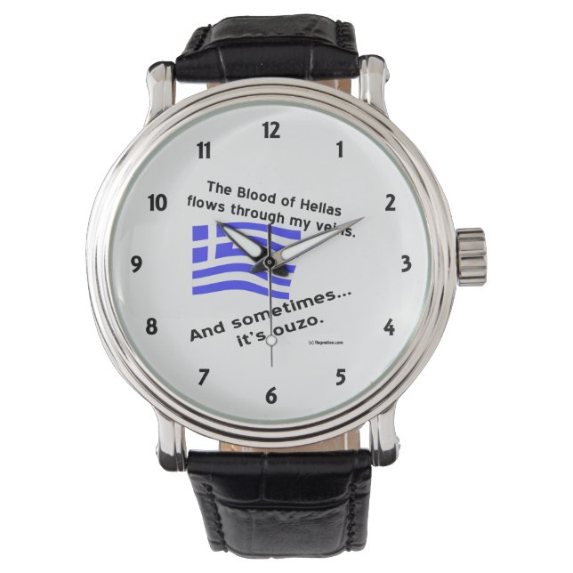 Greek Flag Hellas Blood and Ouzo Black Numbers Watch (Front)