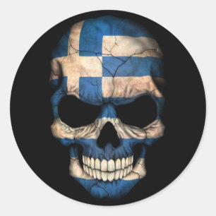 Greek Flag Skull on Black Classic Round Sticker