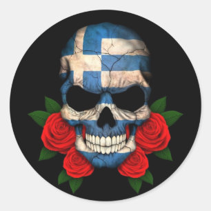 Greek Flag Skull with Red Roses Classic Round Sticker