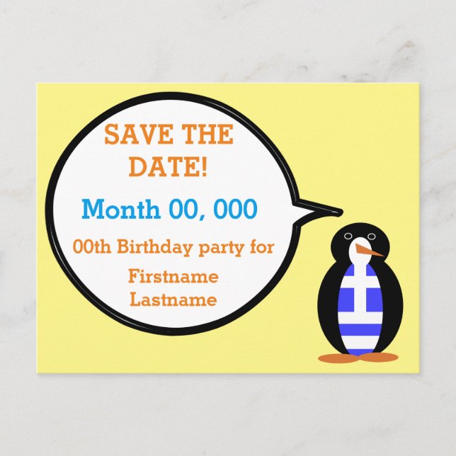 Greek Flag Talking Ms. Penguin Announcement Postcard (Front)
