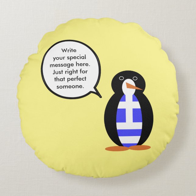 Greek Flag Talking Ms Penguin Personalised Round Cushion (Front)