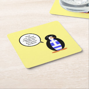 Greek Flag Talking Ms Penguin Personalised Square Paper Coaster