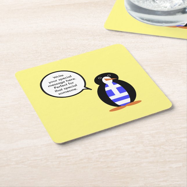 Greek Flag Talking Ms Penguin Personalised Square Paper Coaster (Angled)