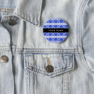 Greek Fret Arabesque Blue, Your Name, Personalise 6 Cm Round Badge
