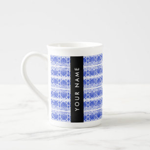 Greek Fret Arabesque Blue, Your Name, Personalise Bone China Mug