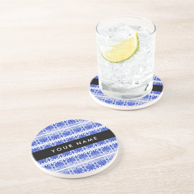Greek Fret Arabesque Blue, Your Name, Personalise Coaster (Side)