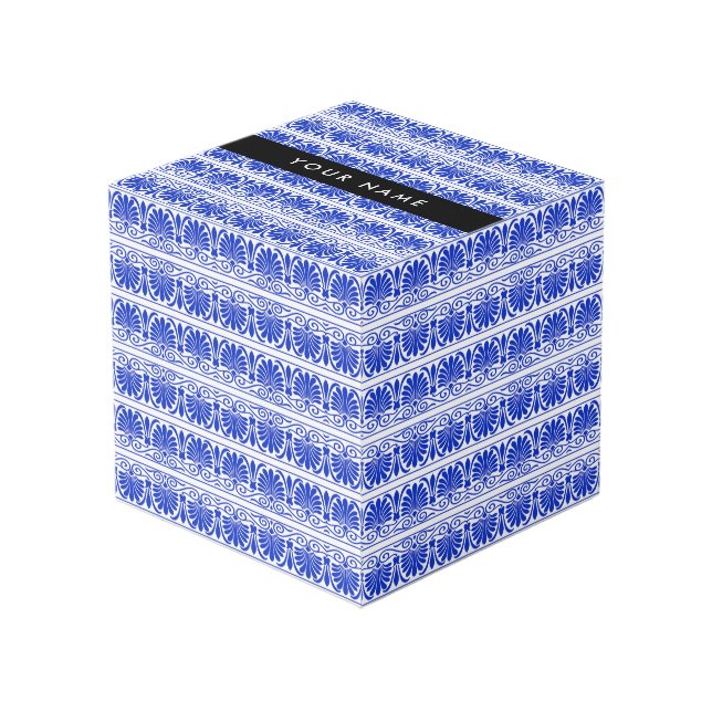 Greek Fret Arabesque Blue, Your Name, Personalise Cube (Front Angled)