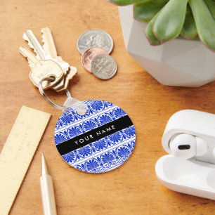 Greek Fret Arabesque Blue, Your Name, Personalise Key Ring
