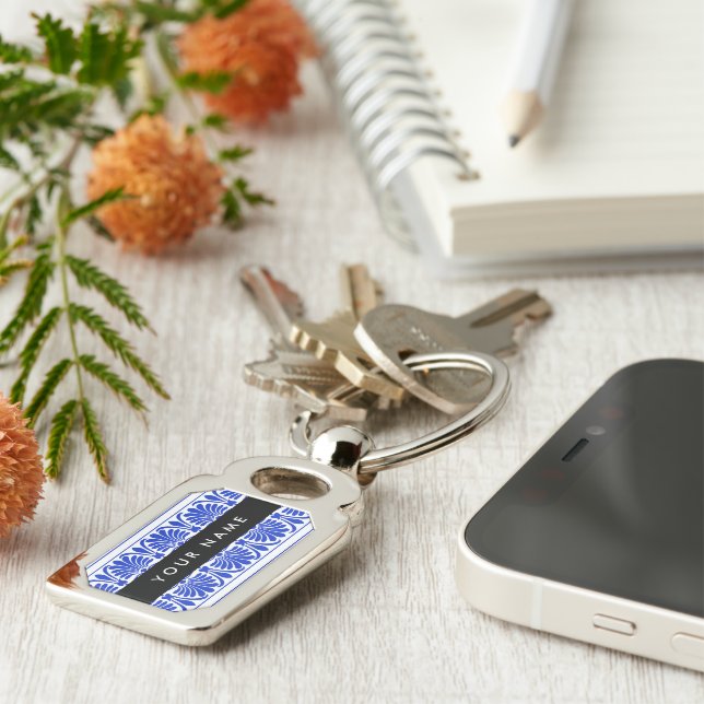 Greek Fret Arabesque Blue, Your Name, Personalise Key Ring (Side)