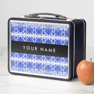 Greek Fret Arabesque Blue, Your Name, Personalise Metal Lunch Box