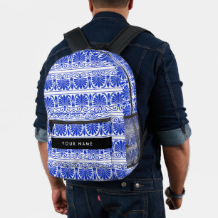 Greek Fret Arabesque Blue, Your Name, Personalise Printed Backpack
