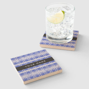 Greek Fret Arabesque Blue, Your Name, Personalise Stone Coaster
